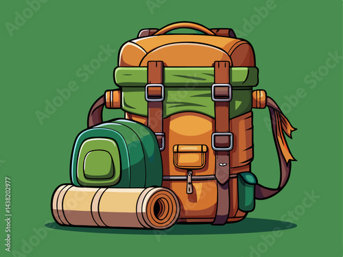A detailed vector of an outdoor hiking backpack with side compartments and a rolled sleeping bag attached, placed on a solid forest green background
