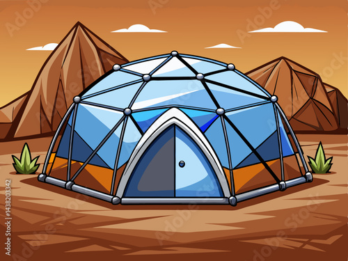 A clean vector of a dome-shaped camping tent pitched on ground, placed on a solid earthy brown background