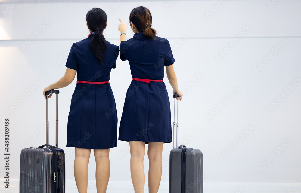 Back view two Cabin crew or air hostess in airport. Cabin crew, air hostess working in airplane. Service mind. Asian stewardess with suitcase at modern airport terminal. flight attendant