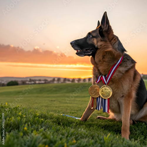 champion german shepherd sits on grass with golden