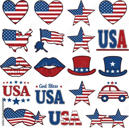 Patriotic USA Clipart Bundle , American Flag Heart Star Lips Hat Car , 4th of July Sublimation Graphics .