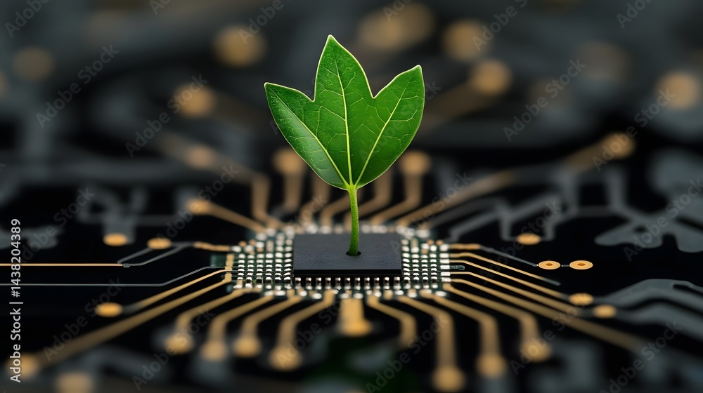 Obraz premium Green Sprout Emerging from Microchip - Technology and Sustainability Concept