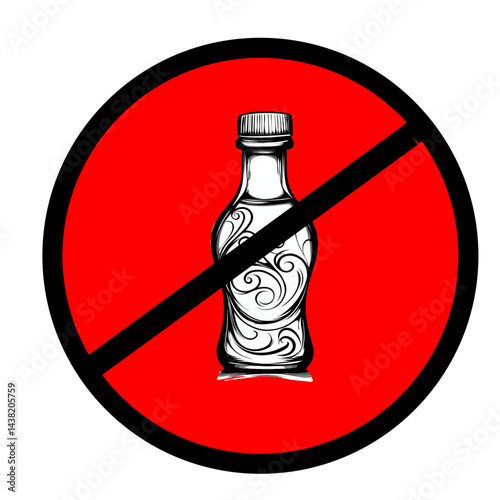 Prohibited bottle sign, black and red, no alcohol or beverages, on white background