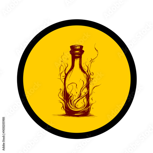 Vintage potion bottle illustration, sepia tones, magical essence, on yellow circle