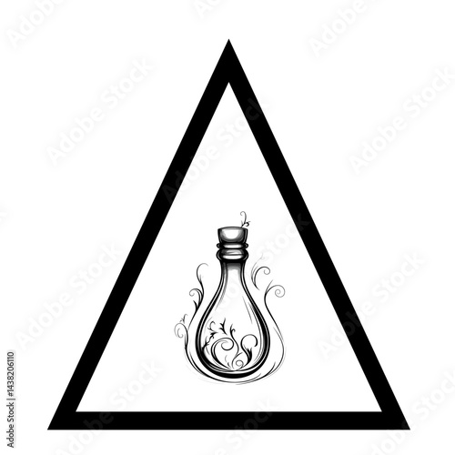 Intricate Ink Drawing of a Bottle with Swirls, monochrome, mysterious concept, within a triangle frame