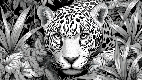 Wallpaper Mural Monochromatic jaguar portrait amidst lush foliage, intense gaze. Torontodigital.ca