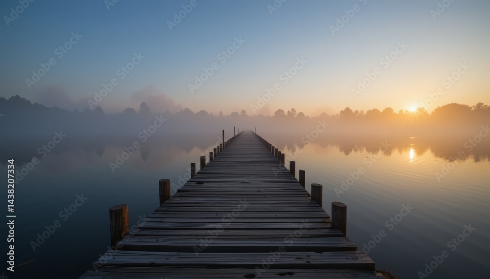 Naklejka premium A tranquil riverside scene at sunrise with a weathered wooden pier, calm water, morning mist, and golden light illuminating the landscape Generative AI
