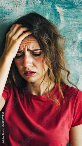 woman looking embarrassed with hand on forehead wearing red t-shirt on textured background, symbolic of humor and emotions, colorful cinematic focus