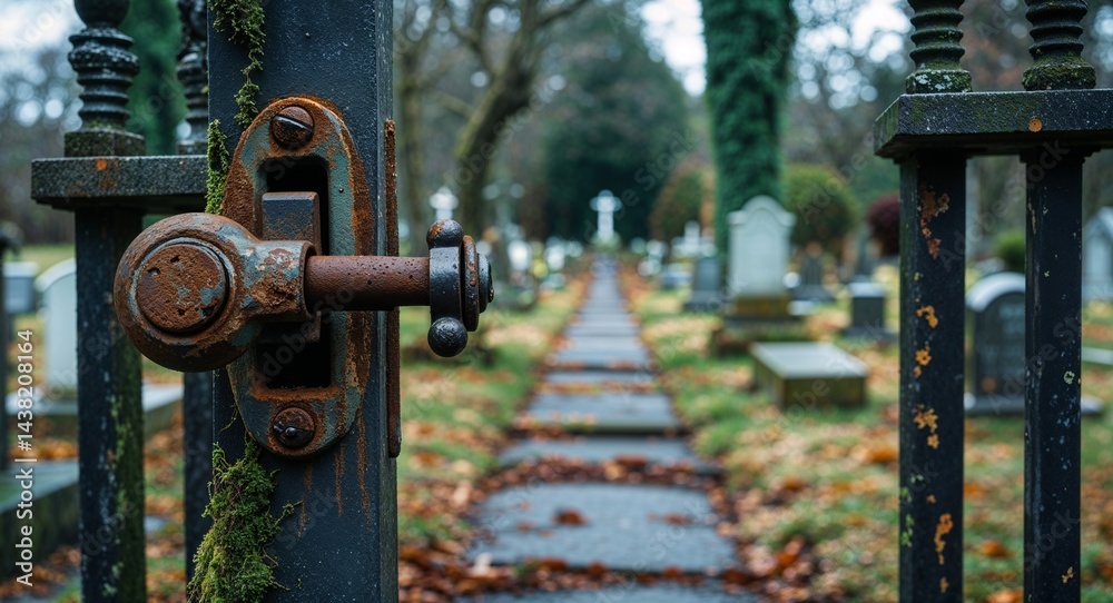 Rusting gate latch with moss covered cemetery path background Rusting gate latch with moss covered cemetery path background