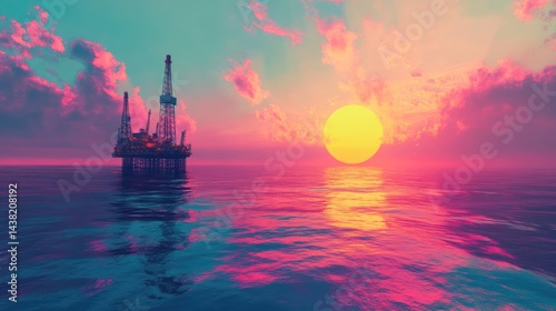 Offshore Oil Rig at Sunset: A Vibrant Seascape