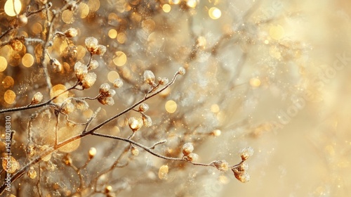 A blurry close-up of a tree covered in delicate, light gold blossoms against a soft bokeh background. The image is rich in detail, creating a warm and inviting atmosphere.