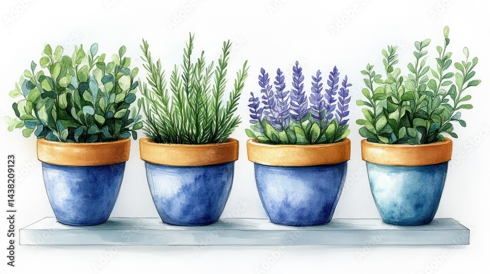 Obraz premium Four potted herbs (lavender, rosemary, thyme) on a shelf.