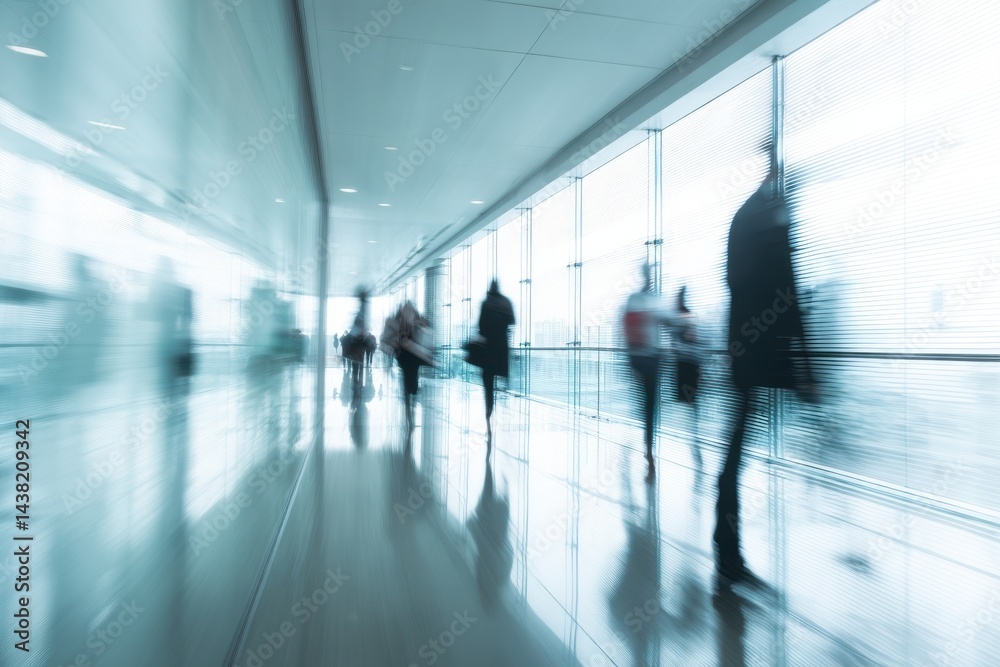 Blurred Motion Business People Walking Through Modern Glass Office Lobby Blurred Motion Business People Walking Through Modern Glass Office Lobby