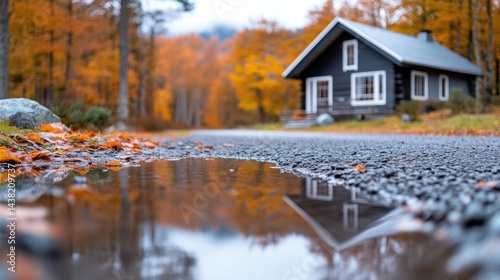 A quaint cabin nestled in a vibrant autumn forest, serene reflection in a puddle on a gravel path, and peaceful countryside setting.