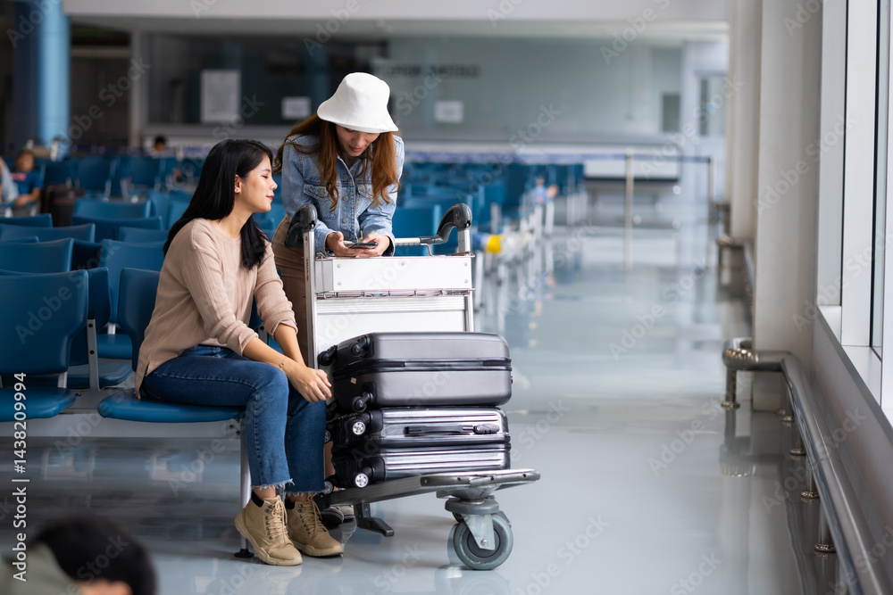 Internet Online Check flight schedule on smartphone. arrival and departure board. Two Asian woman use smartphone cheking flight for travel in long weekend