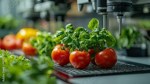 Food technology concept featuring innovative machinery, fresh produce, and modern lab equipment for food science, industry advancements, and sustainable agriculture