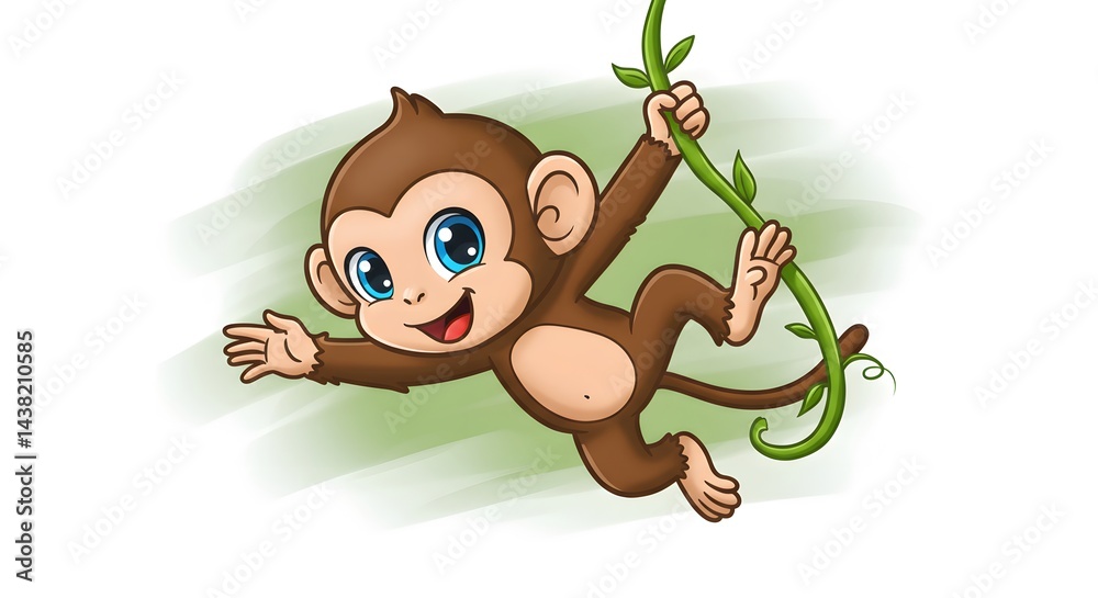 Fototapeta premium AI image featuring an adorable cartoon monkey swinging joyfully on a green jungle vine, smiling widely with big blue eyes.