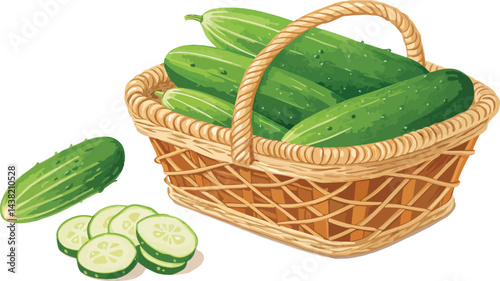 Cucumber in wicker basket with Cucumber Slice in white background, Cucumber vector design