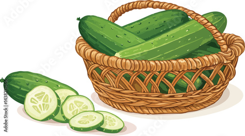 Cucumber in wicker basket with Cucumber Slice in white background vector design, Cucumber Illustration vector design