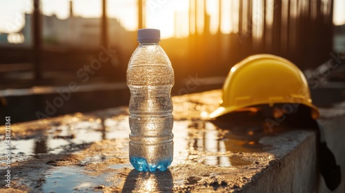 Water bottle on a construction site with a hard hat nearby, illuminated by the sunset.