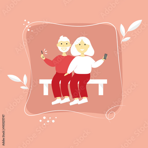 A couple of pensioners are resting on a bench and using gadgets, pensioners lead an active lifestyle