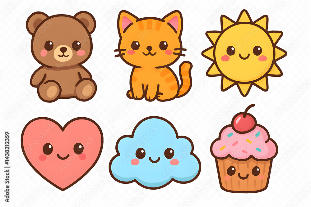 Fototapeta premium Cute Kawaii Characters Clipart: Delightful collection of six adorable kawaii characters, including a bear, cat, sun, heart, cloud, and cupcake, all with cheerful expressions and charming features.
