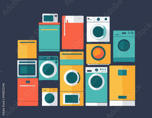 Colorful Flat Design Vector Illustration of Home Appliances