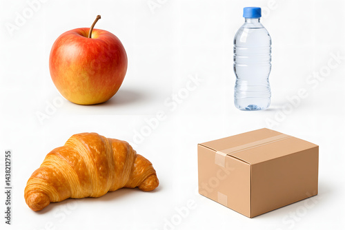 Fresh Essentials: An appealing tableau of vital elements, featuring a ripe apple, a refreshing water bottle, a buttery croissant, and a simple cardboard box.