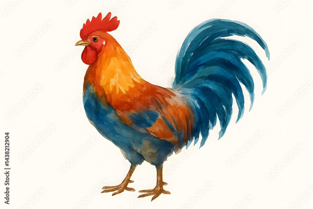 Fototapeta premium Rooster with Striking Blue Tail: A vibrant rooster, with a bold red comb and wattle, stands proudly with his striking blue tail feathers fanned out in a display of majestic plumage.