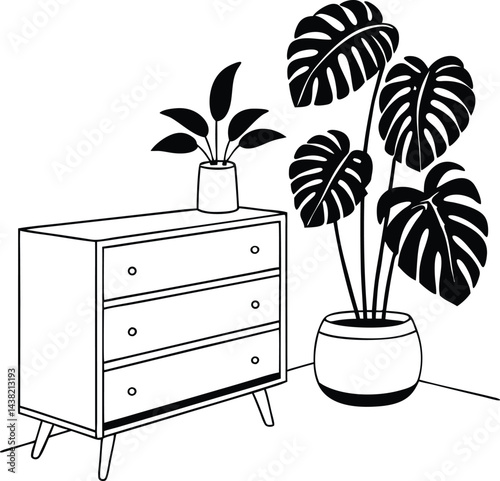 Vector illustration of wooden chest of drawers with small cacti plants. Perfect for furniture stores, interior design blogs, and home decor websites.