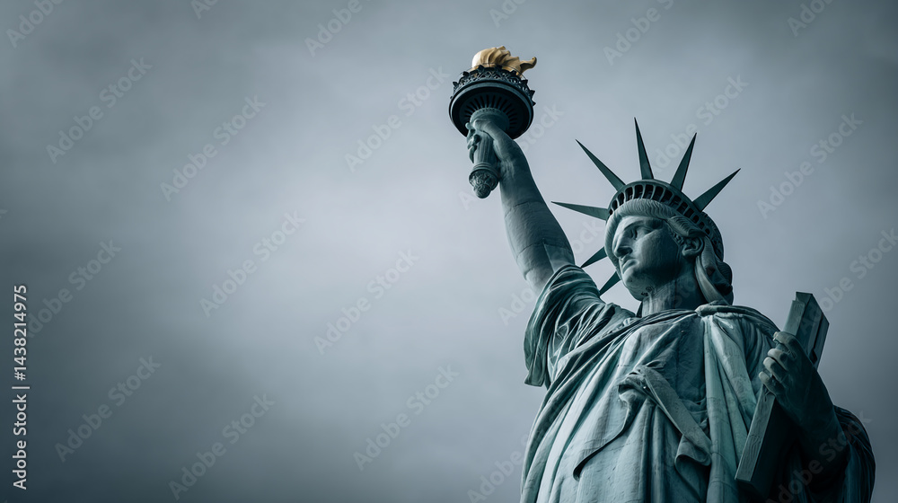 Fototapeta premium Low-angle view of Statue Liberty, holding torch, against a gray sky, showcasing strength and freedom, symbolic of American ideals and heritage