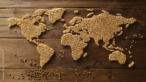 A beautifully crafted world map made entirely from golden grains is elegantly showcased atop a rustic wooden surface
