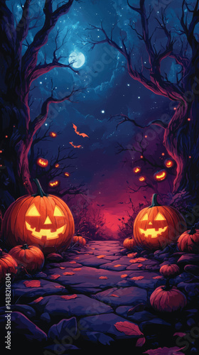 Halloween Landscape with Glowing Gourds.