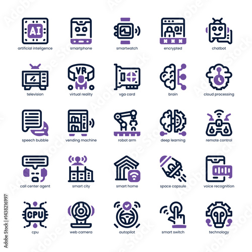 Artificial Intelligence Icon pack for your website, mobile, presentation, and logo design. Artificial Intelligence Icon dual tone design. Vector graphics illustration and editable stroke.