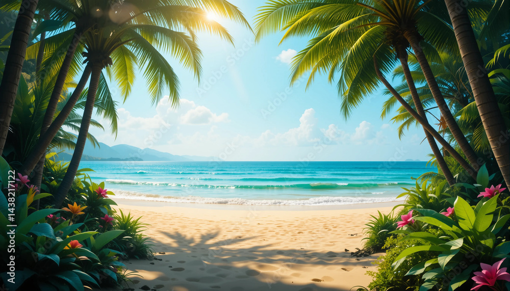 Fototapeta premium Tropical Forest Overlooking the Shore Scene: A tropical rainforest opening up to a wide, serene beach, with palm trees reaching toward the water.