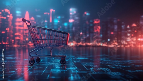 Digital shopping cart in futuristic cityscape