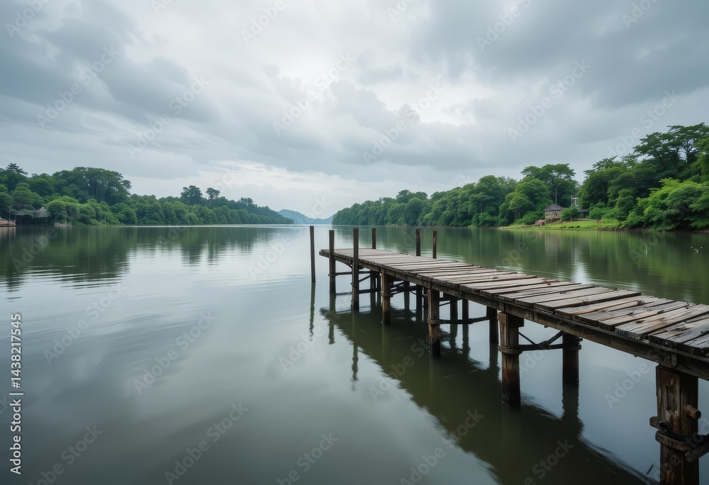 A quiet riverside landscape under overcast skies with a rustic wooden pier, smooth waters, and distant tree reflections Generative AI A quiet riverside landscape under overcast skies with a rustic wooden pier, smooth waters, and distant tree reflections Generative AI