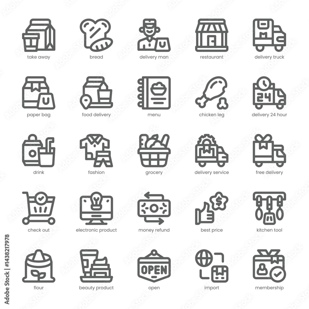 Grocery Delivery Icon pack for your website, mobile, presentation, and logo design. Grocery Delivery Icon outline design. Vector graphics illustration and editable stroke. Grocery Delivery Icon pack for your website, mobile, presentation, and logo design. Grocery Delivery Icon outline design. Vector graphics illustration and editable stroke.