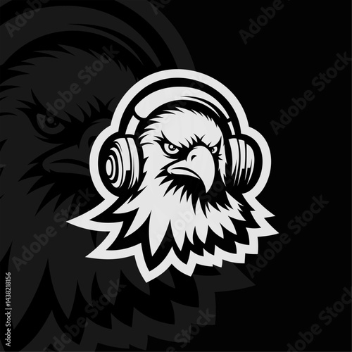 Eagle with headset, mascot esport illustration, black white