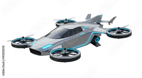 Futuristic flying vehicle with a sleek silver design and quadcopter propellers, embodying modern transportation innovations for the future.