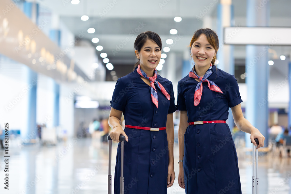 Portrait two Cabin crew or air hostess in airport. Cabin crew, air hostess working in airplane. Service mind. Asian stewardess with suitcase at modern airport terminal. flight attendant