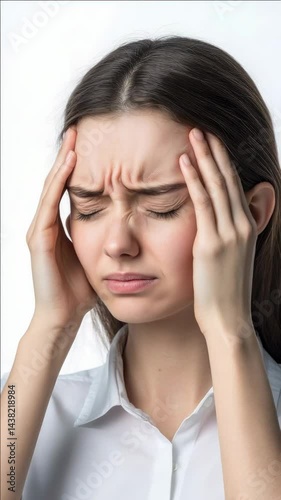 Wallpaper Mural A woman rubbing her temples with a frustrated expression, indicating stress or a headache Torontodigital.ca