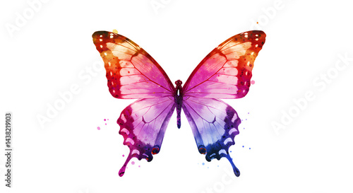 A vibrant butterfly with a striking gradient of colors, spanning from warm oranges and pinks to cool blues and purples in watercolor style. photo