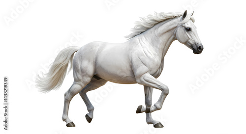 A pristine white horse in mid-stride, showcasing its elegant form and powerful musculature against a solid backdrop. Ideal for equine themes.
