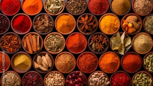 The spices include red chili powder, turmeric, black pepper, etc