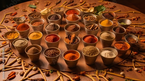 The spices include red chili powder, turmeric, black pepper, etc