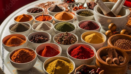 The spices include red chili powder, turmeric, black pepper, etc