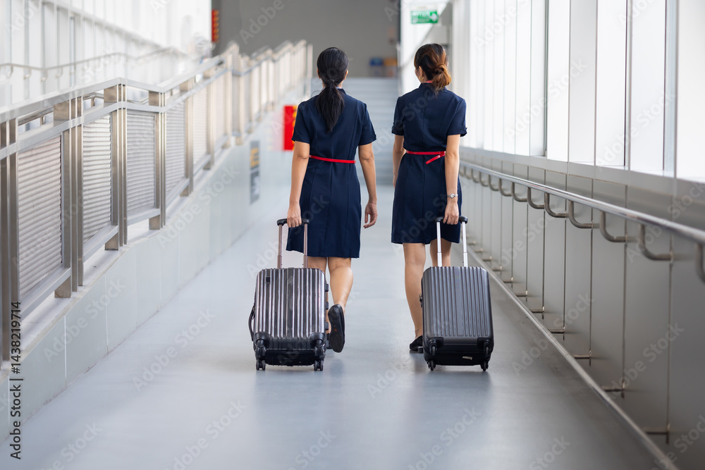 Rear view Two woman friends walking in airport. Cabin crew, air hostess working in airplane. Service mind. Asian stewardess with suitcase at modern airport terminal. flight attendant