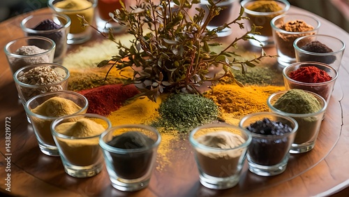 The spices include red chili powder, turmeric, black pepper, etc