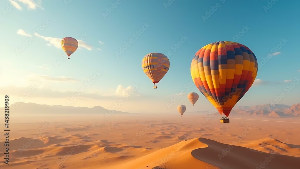 Fototapeta premium Colorful Hot Air Balloons Floating Gracefully Above Wide Open Desert Plains